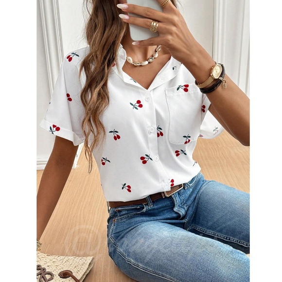 White Casual Shirt Printed Red Cherries Button Down Up - Picture 4 of 10